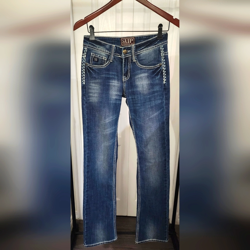 Blue Boot Cut Jeans with Faded Wash Cowgirl Up Jeans